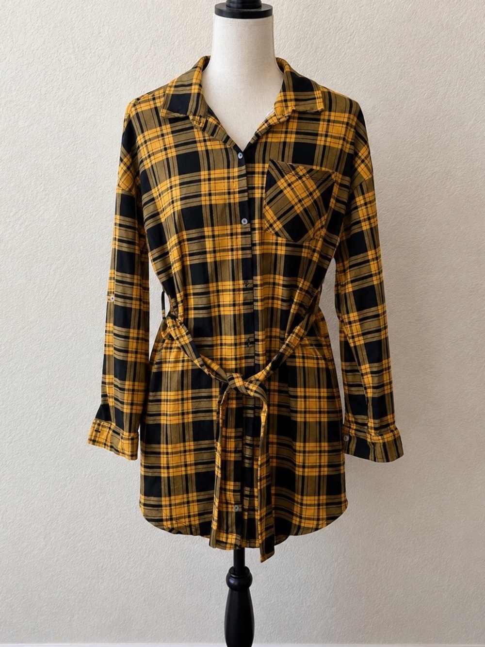Yellow Black Plaid Shirt Dress Long Sleeve Button Front Tie Waist